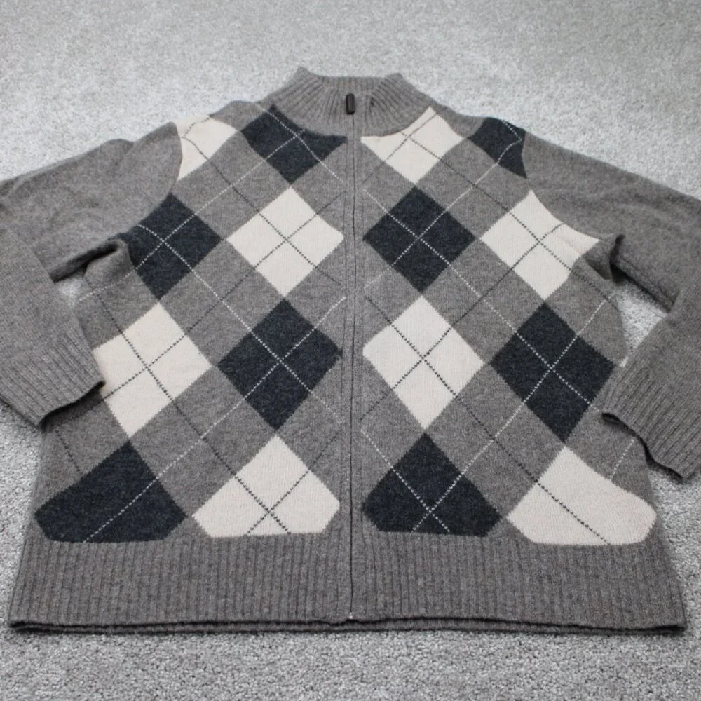 J Crew Lambswool‎ Sweater Mens Large Gray/Blue Argyle Full Zip L/S Sweatshirt